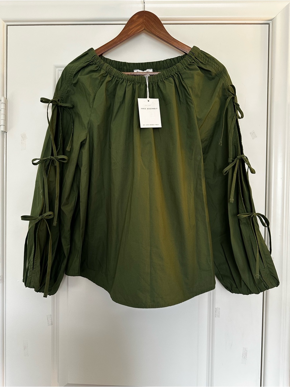 Free Assembly Olive Green Off-Shoulder Peasant Blouse with Tie Sleeves Small
